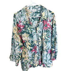 JM Collection Womans Top Plus Size 22W Floral Print Linen Button Up Tropical
